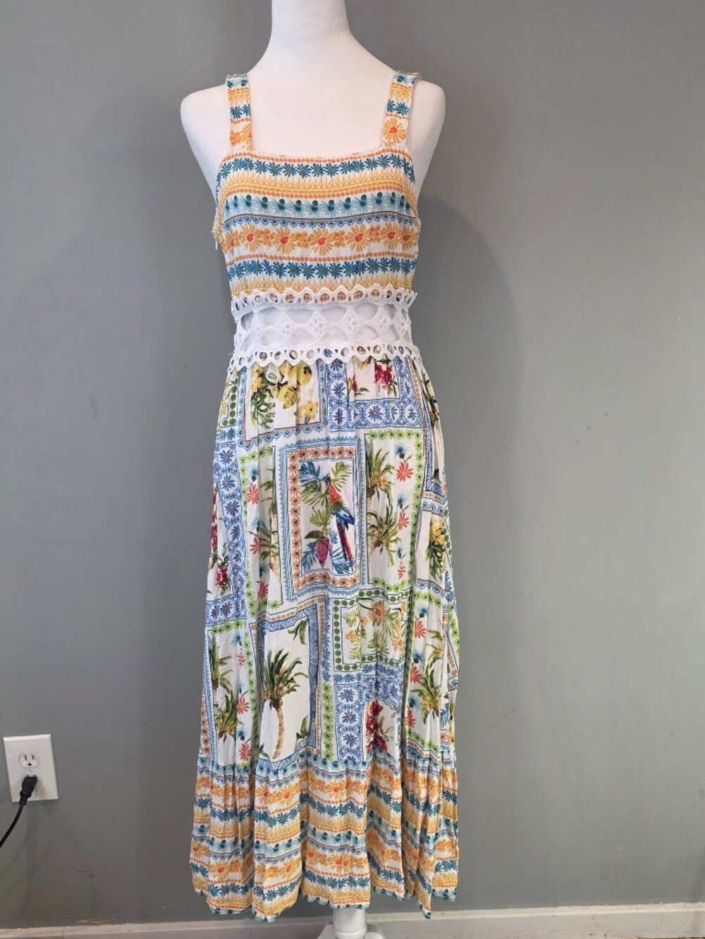 Tropical Maxi Dress Small Floral Resort Vacation Crochet Cutout Novelty Dopamine